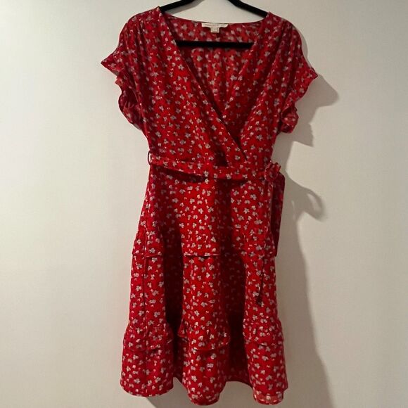 Monteau Sz M Red White Blue Floral Wrap Tie Short Sleeve Spring Summer Dress EUC - Picture 2 of 6